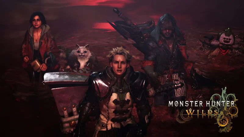 Groupe de personnages de Monster Hunter Wilds avec Palico avant une chasse en équipe