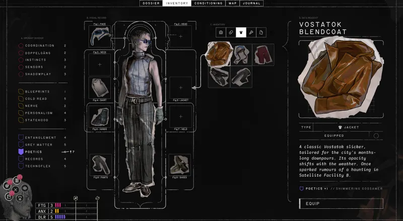 Inventaire de ZERO PARADES : For Dead Spies avec objets, équipement et statistiques du personnage