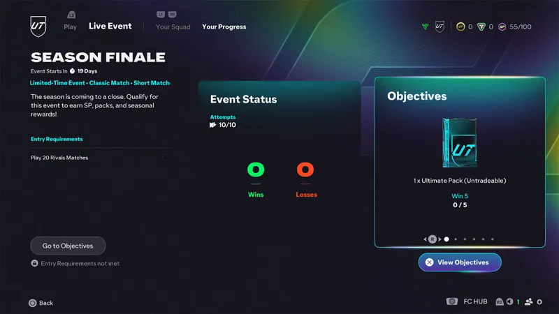 Objectives panel for an FC 26 Ultimate Team event showing tasks and progress.