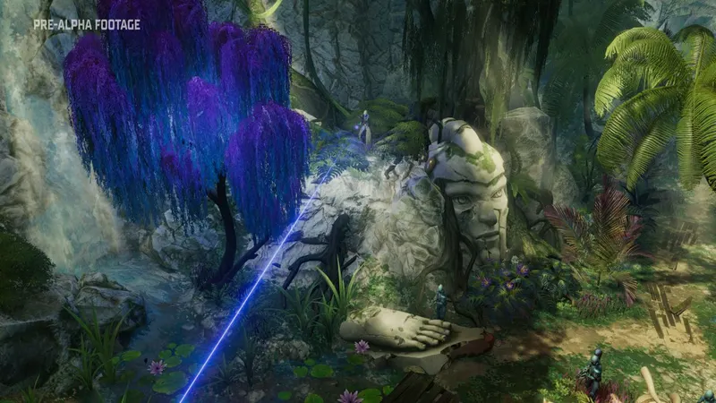 Warhammer Rogue Trader environnement extraterrestre avec statue et végétation