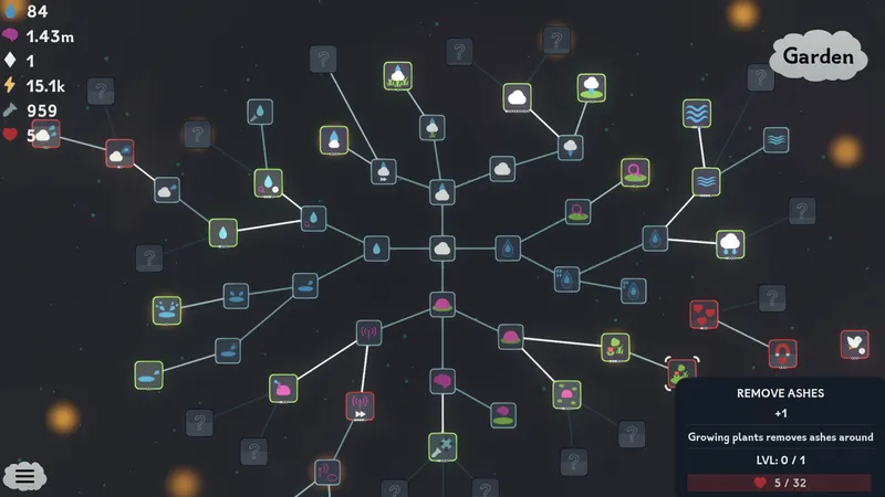 Grande carte d’upgrades de The Greenening avec plusieurs branches verrouillées et un nœud Remove Ashes