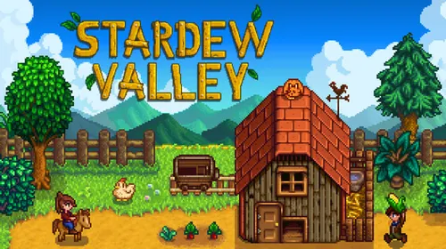 Ferme colorée de Stardew Valley avec cultures, maison et bâtiments agricoles visibles dans un paysage de campagne