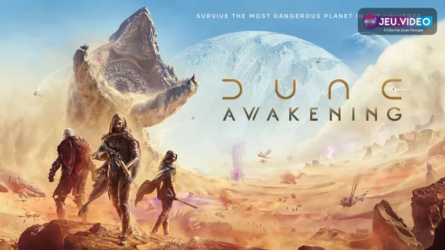 Dune Awakening serveurs avec key art officiel montrant Arrakis et les héros du jeu