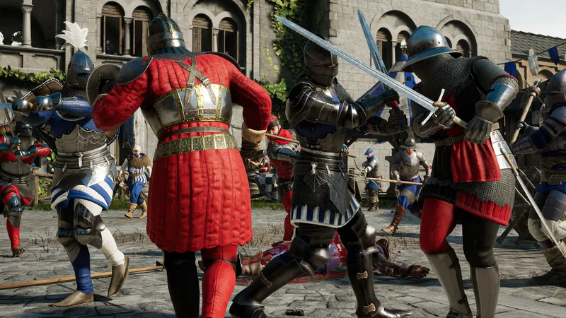 Affrontement de Mordhau devant une porte fortifiée, montrant un combat d’objectif plus adapté qu’un duel pour une première session crossplay