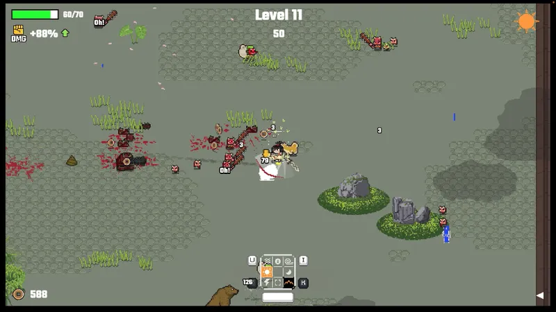Samurai beat demons montre une scène dense avec plusieurs ennemis à l’écran