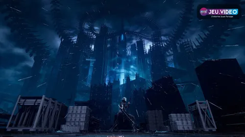 Yakumo sous la pluie devant Sky City Tokyo dans Ninja Gaiden 4, décor utilisé pour introduire la mobilité et les premiers combats