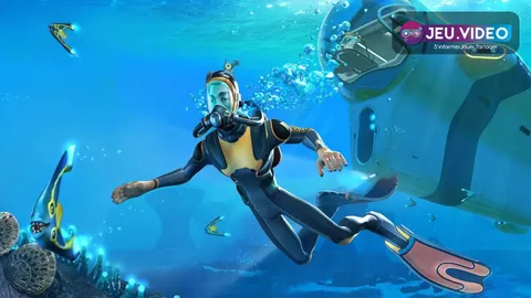 Visuel officiel de Subnautica montrant un plongeur et un véhicule sous-marin pour préparer l’exploration de l’Aurora
