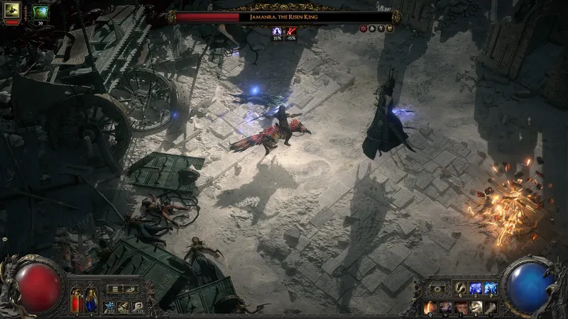 Combat contre Jamnala dans une zone sableuse de Path of Exile 2 avec plusieurs effets de sol, une bonne scène pour juger le confort de visée et de déplacement à la manette