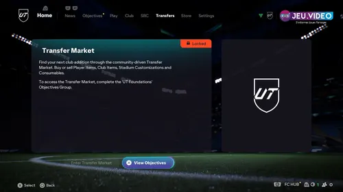 Marché des transferts verrouillé dans EA FC 26 Ultimate Team avec bouton d’objectifs pour débloquer l’économie du club