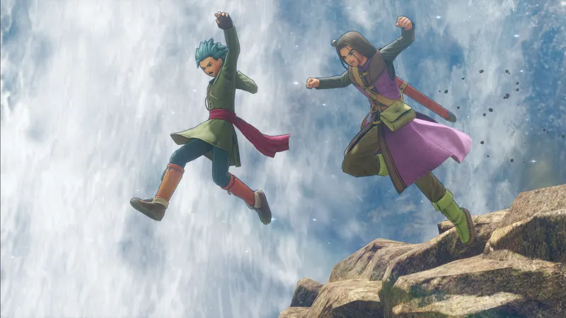 Dragon Quest XI S sur Switch 2 avec deux héros dans une zone montagneuse