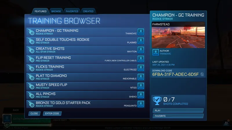 Training Browser Rocket League affichant des packs comme Champion GC Training et Flicks Training pour choisir une difficulté adaptée