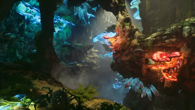 Exploration d’une île d’ARK : Survival Ascended avec végétation et créatures, dernière vérification visuelle après l’entrée de la tribu sur le serveur