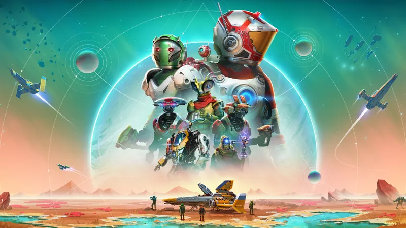 Visuel officiel paysage de No Man’s Sky montrant un environnement extraterrestre pour illustrer le guide crossplay Switch 2
