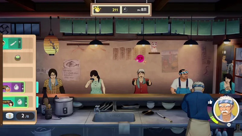 Bancho the Chef montrant un service en restaurant avec clients et interface de commandes