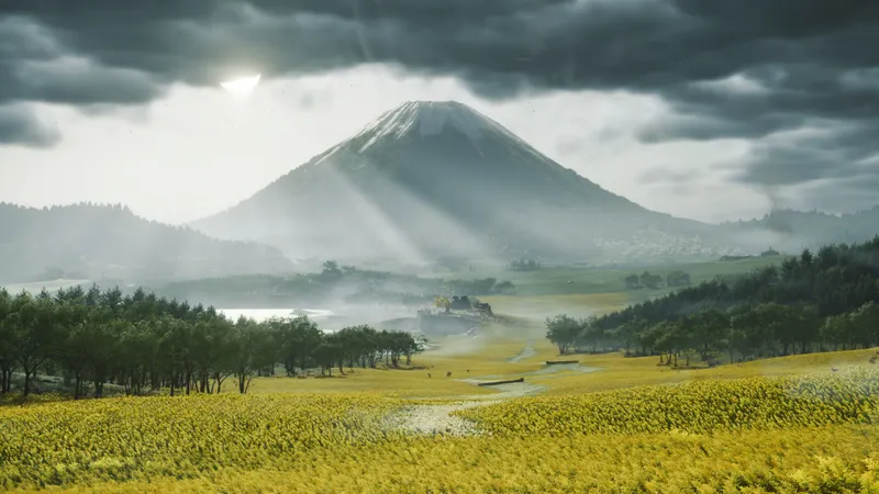 Paysage de Ghost of Yōtei avec chemins et reliefs, utile pour planifier les trajets en Survie Legends