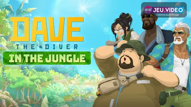 Dave the Diver DLC In the Jungle avec Dave devant la jungle et le logo officiel