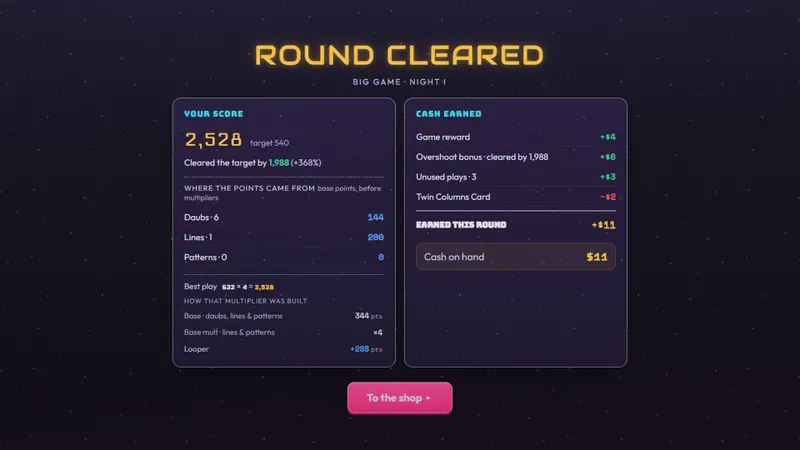 Capture officielle de Bango Bingo montrant les informations de manche et les effets lumineux