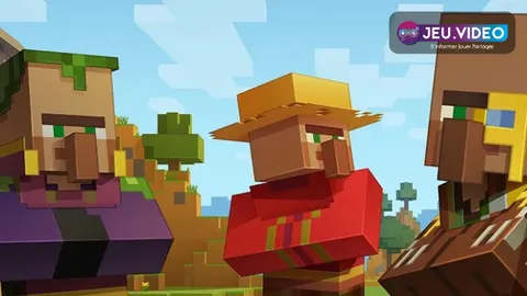 Visuel officiel Minecraft montrant trois villageois aux métiers différents pour organiser une salle d’échanges.