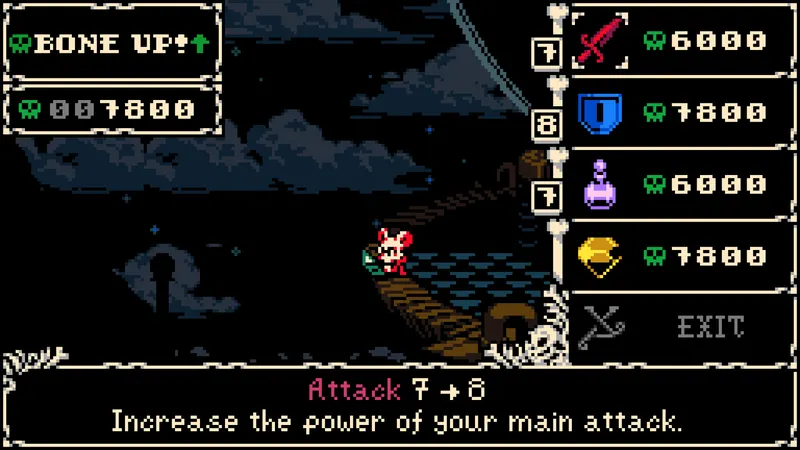 Menu Bone Up de Mina the Hollower avec les choix Attack, Defense et Sidearm pour investir les Bones