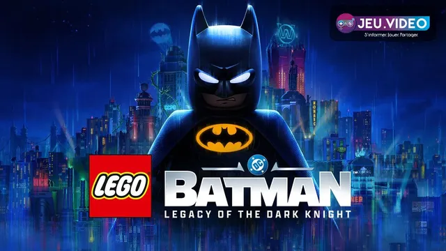 LEGO Batman Switch 2 avec Batman devant Gotham et le logo officiel du jeu