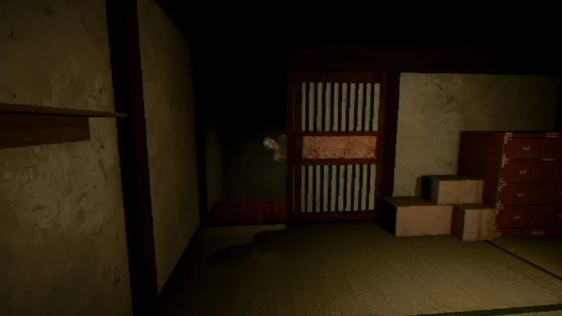 Couloir sombre de The Hambagu Shop avec une apparition près de la porte