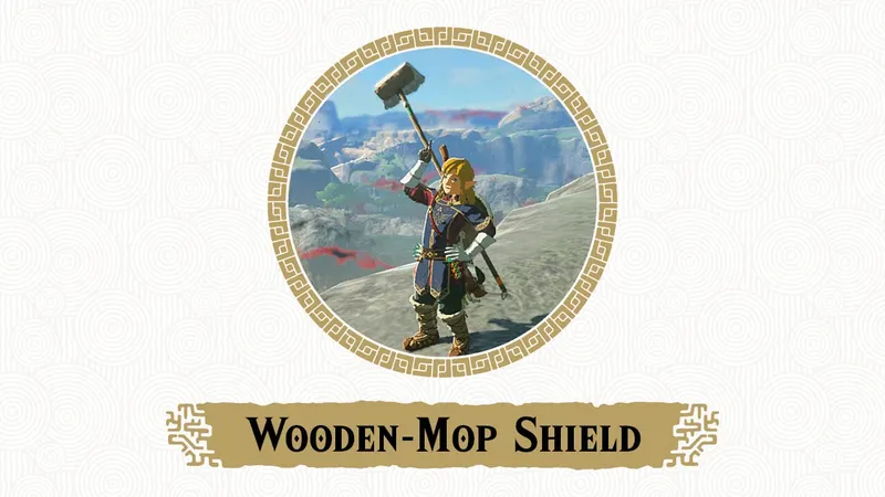 Link avec une fusion bouclier et balai dans Zelda Tears of the Kingdom, exemple de bouclier à tester hors combat sérieux