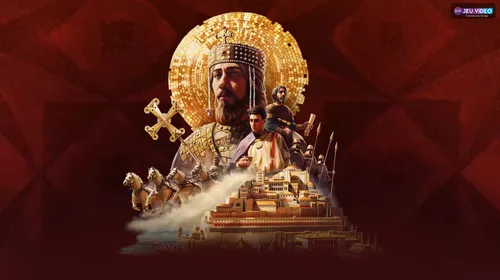Art officiel de Crusader Kings III Roads to Power montrant l’empereur byzantin, un aventurier et Constantinople