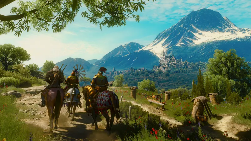 Extension The Witcher 3 avec Geralt à cheval dans une région montagneuse lumineuse
