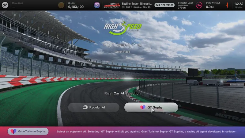 Menu High Speed Ring de Gran Turismo 7 avec choix GT Sophy pour tester une voiture réglée contre une IA régulière