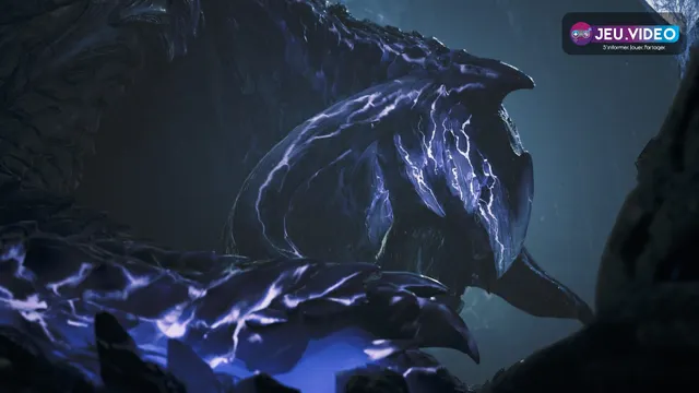 Monstre gigantesque de Monster Hunter Wilds dans une grotte sombre, image officielle utile pour illustrer les scènes lourdes à optimiser sur Steam Deck
