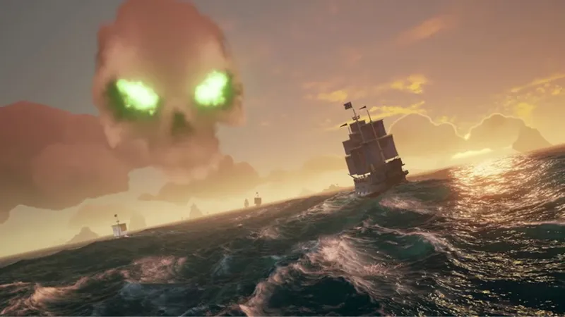Navires de Sea of Thieves sous un nuage de crâne indiquant une zone dangereuse à éviter pendant une fuite PvP