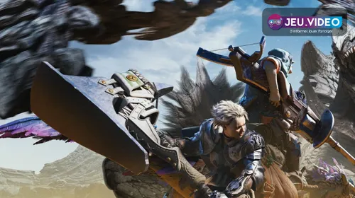 Chasseur de Monster Hunter Wilds face à un monstre, visuel officiel pour un guide de réglages Steam Deck et PC portable
