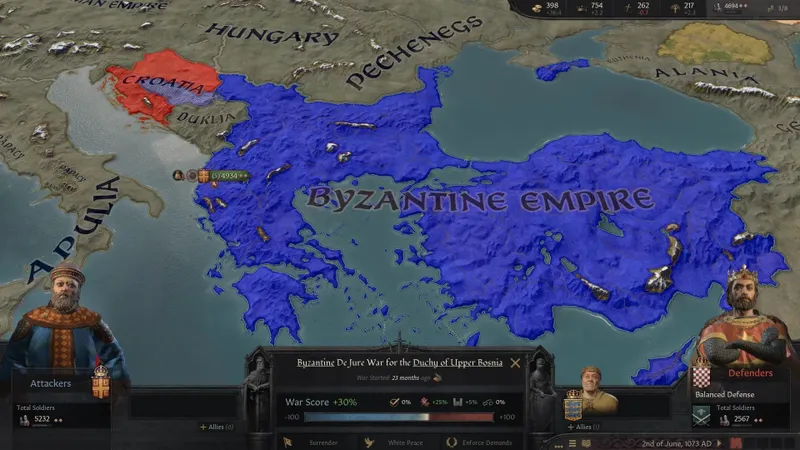 Carte de l’Empire byzantin dans Crusader Kings III montrant une base utile pour contrôler Thrace, Athènes et Thessalonique