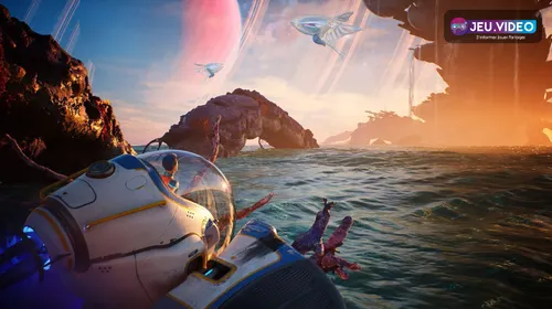 Subnautica 2 showcase montrant le Tadpole en surface sur une planète océanique