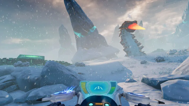 Zone glacée de Subnautica Below Zero avec Snowfox face à un Ice Worm pour préparer les excursions terrestres