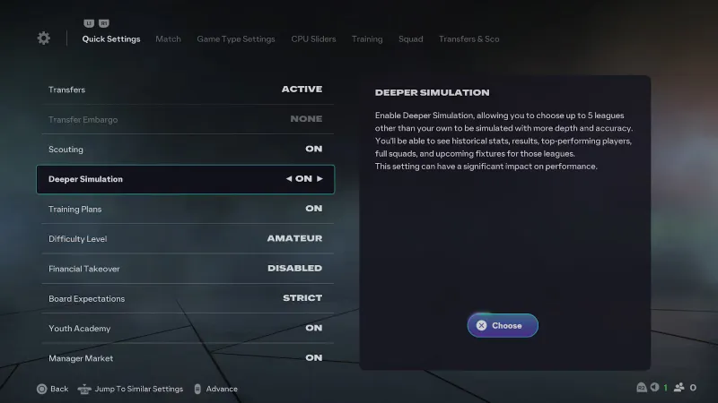 Menu officiel d’EA Sports FC 26 affichant les réglages de simulation approfondie des ligues.