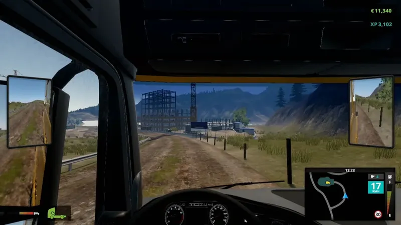 Vue cockpit de Truck Driver avec mini-carte et rétroviseurs pour apprendre à lire la route avant une livraison