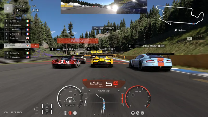 Course Gran Turismo 7 à haute vitesse avec interface de freinage indiquant quand ralentir pour éviter le sous-virage
