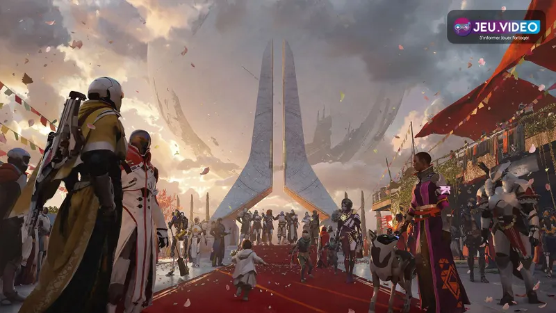 Destiny 2 Monument of Triumph avec Gardiens devant la Tour