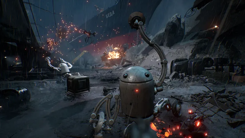 Robots attaquant dans une arène détruite de Blood On Crystal avec des explosions