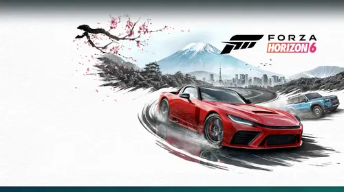 Forza Horizon 6 montrant le Japon, le logo du jeu et deux voitures de couverture