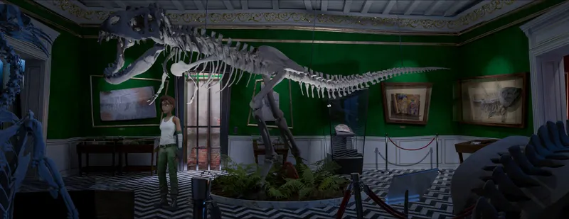 Whirlight sur Steam montrant une salle de musée avec squelette de dinosaure