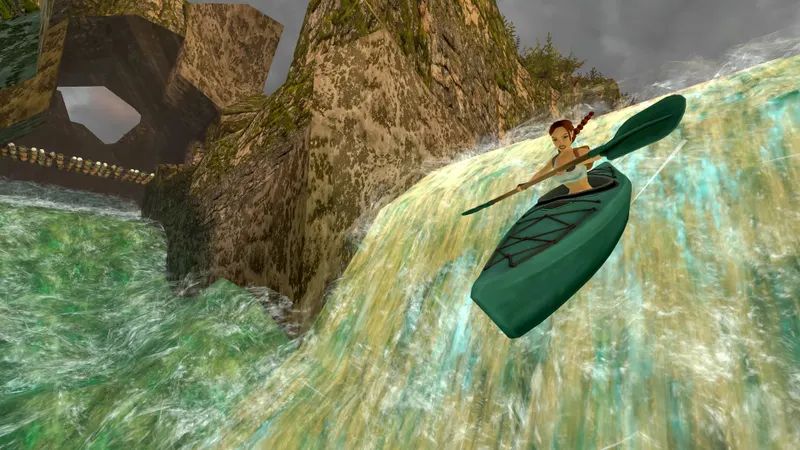 Lara Croft en kayak dans Tomb Raider Remastered pour anticiper un virage en section aquatique rapide