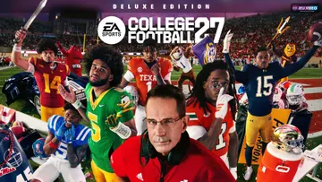 Affiche officielle de College Football 27 présentant le mode Mascot Mashup et ses mascottes sur un terrain de football américain