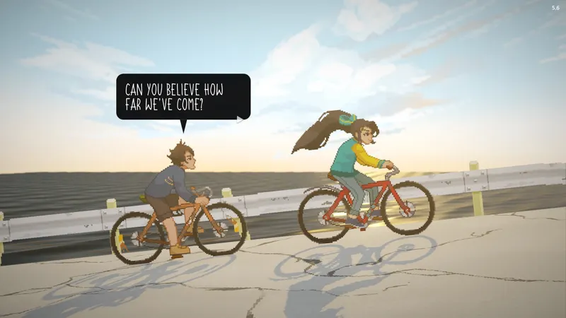 Scène de vélo dans Until Then avec deux personnages en discussion pendant une progression narrative calme