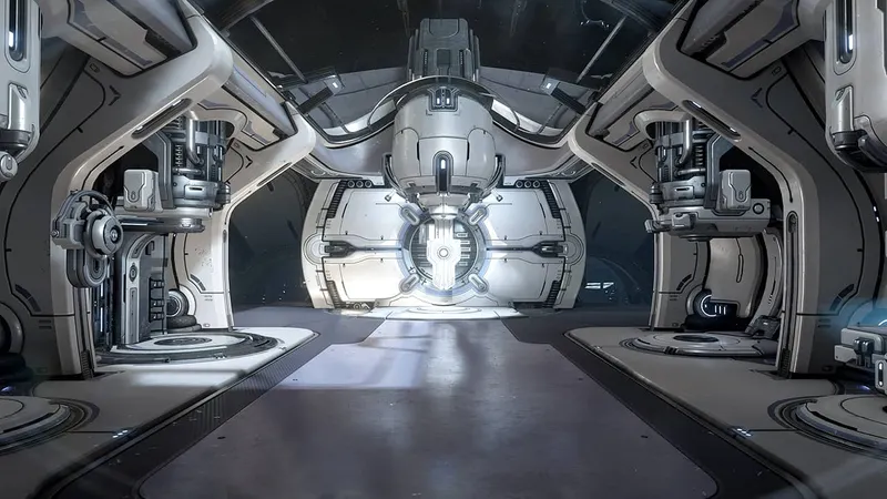 Intérieur de l’Orbiter dans Warframe, hub où le joueur débutant revient pour gérer l’Arsenal, les mods et la Carte stellaire