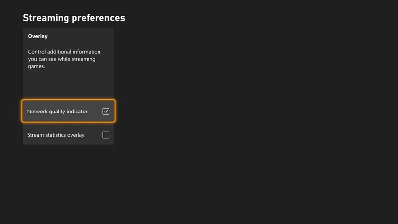 Préférences Xbox de streaming avec indicateur de qualité réseau