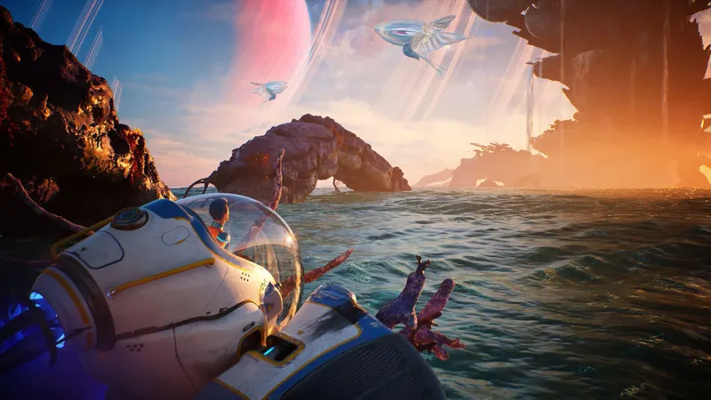 Subnautica 2 showcase montrant le Tadpole en surface sur une planète océanique