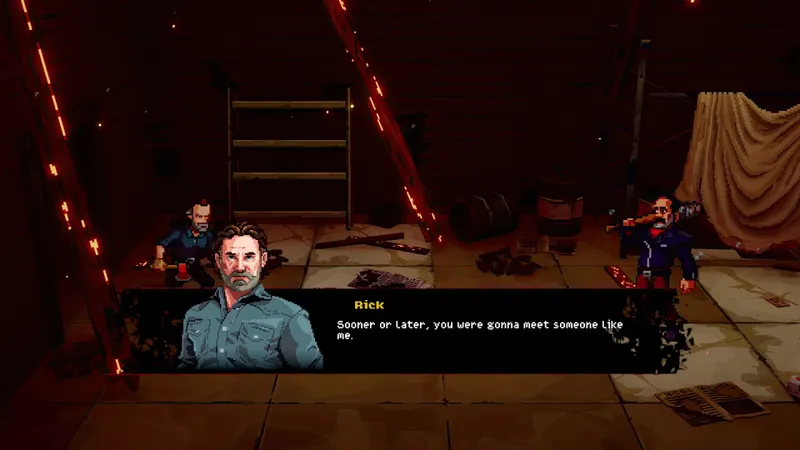 The Walking Dead Streets of Survival montrant une scène de dialogue avec Rick
