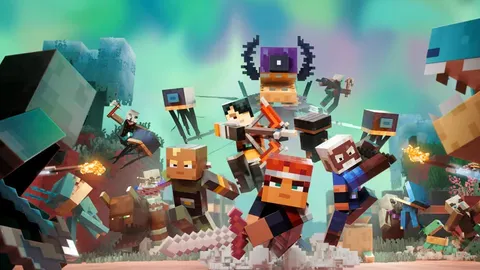 Minecraft Dungeons II gameplay, héros face à un paysage de blocs